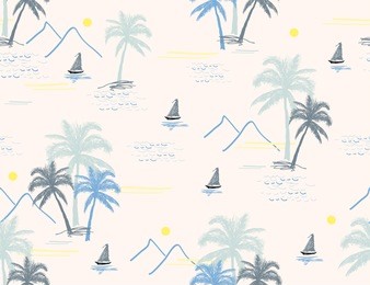 beautiful botanical vector seamless pattern background with coconut palm trees, sailboats,  beach and ocean vector hand drawn style. isolated on a white  background. hand drawn style.