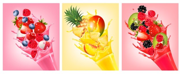 fruit in juice splashes. strawberry, guava, watermelon, pineapple, mango, peach, raspberry, blackberry. vector.