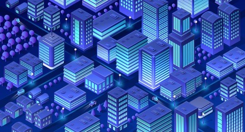 isometric city of violet colors 3d building modern town street, urban road architecture. ultraviolet illustration map of isometry for the business design concept.