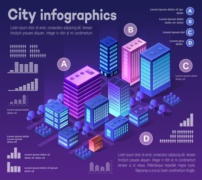 isometric city of violet colors 3d building modern town street, urban road architecture. ultraviolet illustration map of isometry for the business design concept.