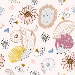 vector hand drawn seamless pattern with cute hedgehogs