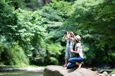 mother and daughter using binoculars