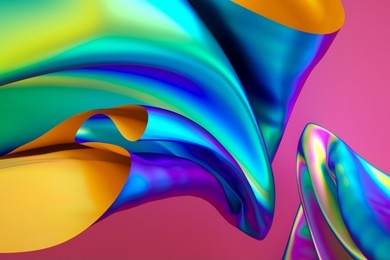 3d render, iridescent holographic foil, folded cloth, abstract fashion background, ultraviolet, multicolor textile, vivid colors