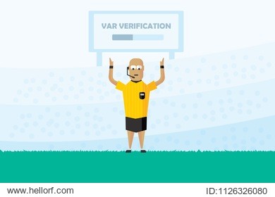video assistant referee vector illustration. football, soccer var system with referee and football stadium illustration.