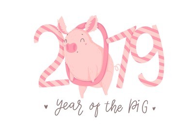 creative postcard for new 2019 year with cute pig. concept, vector vertical editable template. symbol of the year in the chinese calendar. cartoon. isolated. vector illustration. year of yellow pig