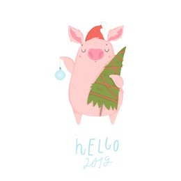 creative postcard for new 2019 year with cute pig. concept, vector vertical editable template. symbol of the year in the chinese calendar. cartoon. isolated. vector illustration. year of yellow pig