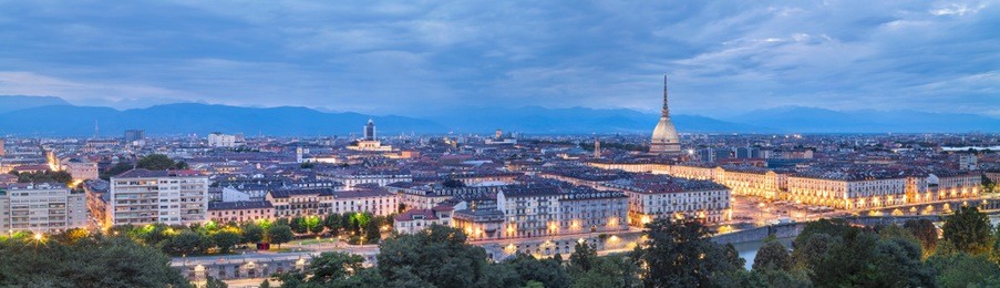 night panorama of turin with lights in italy