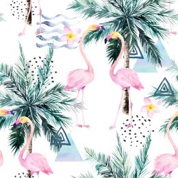 abstract tropical pattern with flamingo, protea and palm tree. watercolor seamless print. minimalism watercolour  illustration
