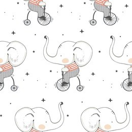 vector seamless pattern of cute baby elephant on bicycle.cartoon hand drawn vector illustration.can be used for baby t-shirt print, fashion print design, kids wear