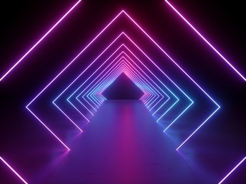 3d render, ultraviolet neon square portal, glowing lines, tunnel, corridor, virtual reality, abstract fashion background, violet neon lights, arch, pink blue vibrant colors, laser show