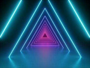 3d render, abstract fashion background, blue pink neon triangular portal, glowing lines, tunnel, corridor, virtual reality, violet neon lights, arch, triangle, vibrant colors spectrum, laser show
