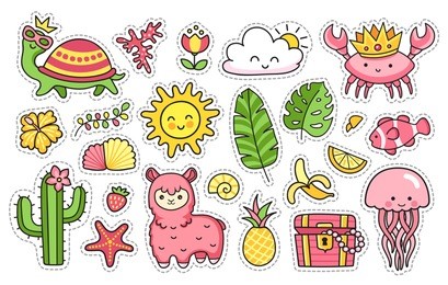 summer stickers. turtle, llama, cactus, crab,  pineapple, fish, sun, jellyfish, palm leaves, tropical flower. set of cartoon patches, badges, pins, prints for kids. doodle style. vector illustration.