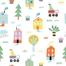 childish seamless pattern with old buildings, dinosaurs, cars, and trees. good for kids fabric, textile, nursery wallpaper. seamless city landscape. scandinavian style