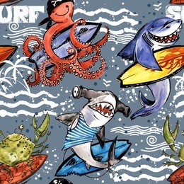 cute cartoon sea fish seamless pattern. vintage surf background. shark. octopus. crab. surfing.