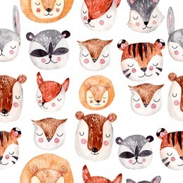 watercolor seamless pattern with animals heads. cute handrawn animals, perfect for kids apparel and textile. beautiful wallpapers or gift paper