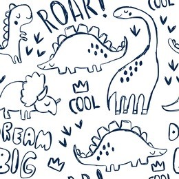 cute dinosaurs and hand lettering. funny cartoon dino seamless pattern. hand drawn vector doodle design for girls, boys, kids. hand drawn children's pattern for fashion clothes, shirt, fabric