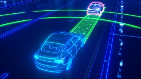 autonomous self driving electric car change the lane and overtakes city vehicle 3d rendering