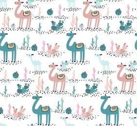 camel and cactus seamless pattern. cute animal and hand drawn elements in white background. creative childish texture. great for fabric, wrapping paper, textile vector illustration
