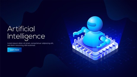 responsive landing page design with 3d isometric illustration of a robot on processor chip for artificial intelligence (ai) concept.