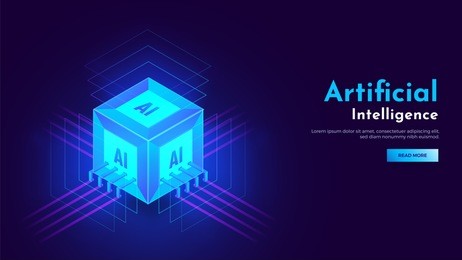 3d isometric view of cubic shape ai processor chip with glowing ultra rays for artificial intelligence landing page concept.