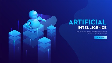 responsive landing page for artificial intelligence (ai) era with 3d isometric design of robot with on digital building blocks.