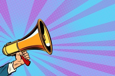 businessman hand holding a megaphone. pop art retro vector vintage kitsch illustration drawing