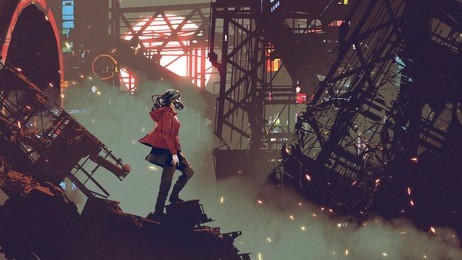 woman with futuristic mask standing in the cyberpunk city, digital art style, illustration painting