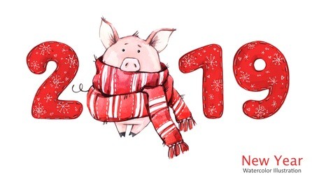 2019 happy new year banner. cute pig in winter scarf with numbers. greeting watercolor illustration. symbol of winter holidays. zodiac sign. perfect for calendar and celebration card.