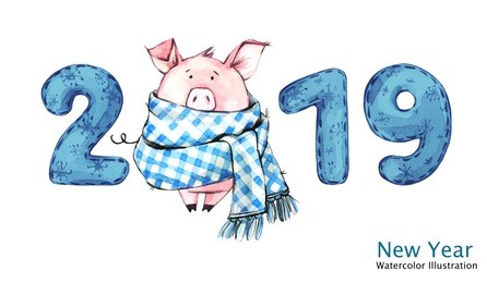 2019 happy new year banner. cute pig in winter scarf with numbers. greeting watercolor illustration. symbol of winter holidays. zodiac sign. perfect for calendar and celebration card.