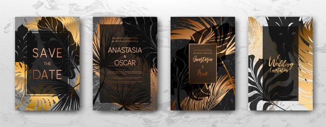 wedding invitation with gold palm leaves, black, white marble template, artistic covers design, colorful texture, leaf backgrounds. trendy pattern, graphic gold brochure. luxury vector illustration.