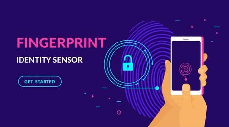 fingerprint identity sensor flat vector neon website template and landing page design of digital fingerprint identification on smartphone. human hand holds gadget with biometric scanning technology