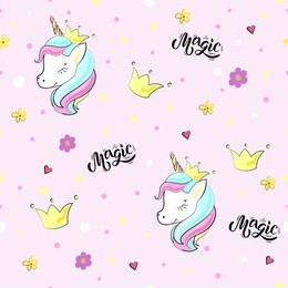 beautiful unicorn on pink background seamless pattern with flowers, crowns and inscription magic. great for greeting, card, party, baby birthday, banner, invitation template.