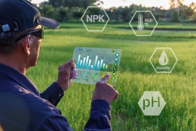 smart farming with iot, futuristic agriculture concept : farmer wears vr or ar glasses while monitoring rainfall, temeprature, humidity, soil ph  by using a tablet connected to internet via sattelite