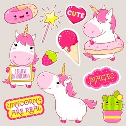 set of cute unicorns in kawaii style. unicorn with donut, cactus in flowerpot, magic wand, sticker with inscription magic, i believe in unicors. eps8