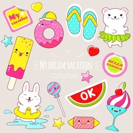 set of cute icons in kawaii style. bunny with lifebuoy, polar bear in a skirt made of leaves, donut, ice cream, candy, flip flops, sticker with inscription my vacation, hello summer. eps8