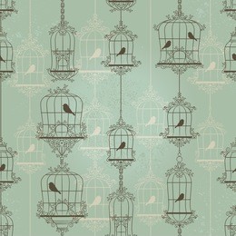 vintage birds and birdcages. pattern. wallpaper.
