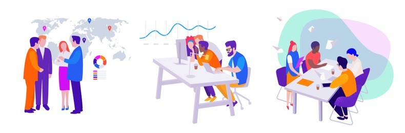 set of vector business isometry flat illustrations: teamwork, meeting of managers and directors on the background of the map, workflow in the office at the computer