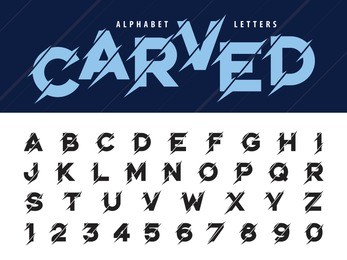 vector of glitch modern alphabet letters and numbers, grunge and carved linear stylized rounded fonts, minimal letters set for futuristic, universal, branding & identity