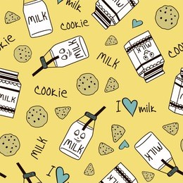 seamless pattern with cute milk bottle character and cookies. creative vector childish background for fabric, textile, wrapping paper and another