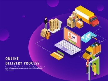 online delivery process, isometric design with product order, packaging, shipping and courier boy delivering at destination point. can be used for advertisement.
