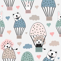 hand drawn vector illustration colorful pastel  seamless pattern cute cartoon little animals, balloons, cloud and heart for baby apparel, cloth texture, textile or decoration