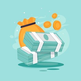 pile of money and a bag of coins. flat design vector illustration.