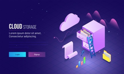 cloud storage based landing page design with skyscraper's view of man climbing on ladder to save or store data file folder.