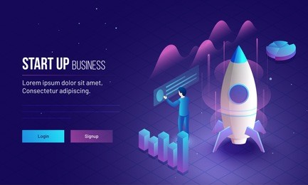 business startup responsive landing page or hero banner design with 3d illustration of an new entrepreneur analysis his company growth or success.