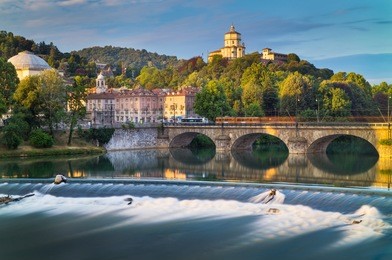 silk water falls of river in the morning in turin in italy