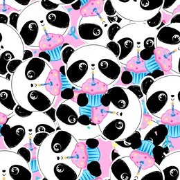  hand drawn happy panda with a holiday cake. birthday design pattern seamless.