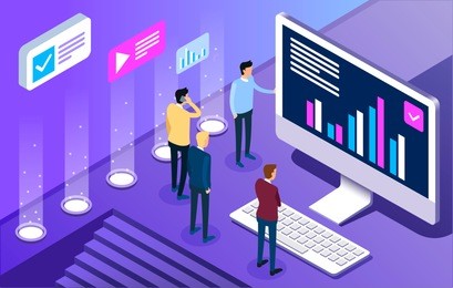 3d isometric flat design. concept of digital technology. businessmans, desktop, graphs, statistics, icons. vector illustration.