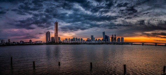 panorama,sunset 63 building at seoul city and downtown skyline in seoul, south korea.