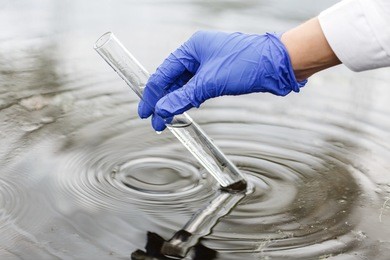 researcher holds a test tube with water in a hand in blue glove
