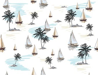 beautiful botanical vector seamless pattern background with coconut palm trees, sailboat silhouettes. isolated on white background. the summer beach surfing illustration.